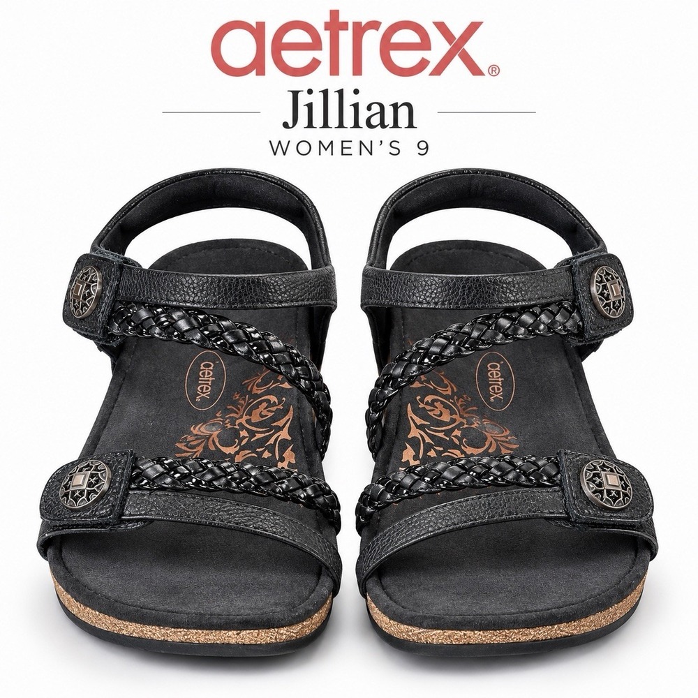 Aetrex Jillian Sandals Womens 9 Black Leather Braided Arch Support SC450W